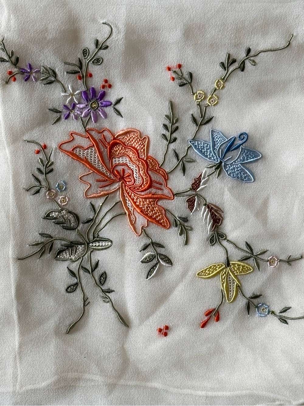 Vintage embroidered sheer silk scarf